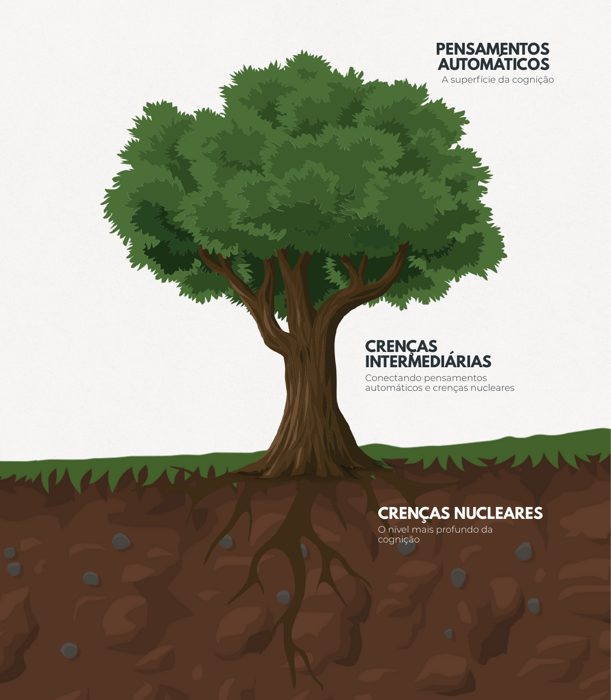 Árvore com copa, tronco e raízes representando os três níveis de pensamentos